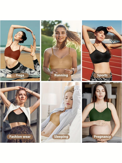 Lot de 4 brassières débardeurs à col en V avec coussinets – Soutien-gorge de sport sans armatures avec bretelles réglables pour femme, ensemble de brassières douces avec coussinets pour le quotidien, tailles S-XL, couleurs rouille, beige, vert, bleu