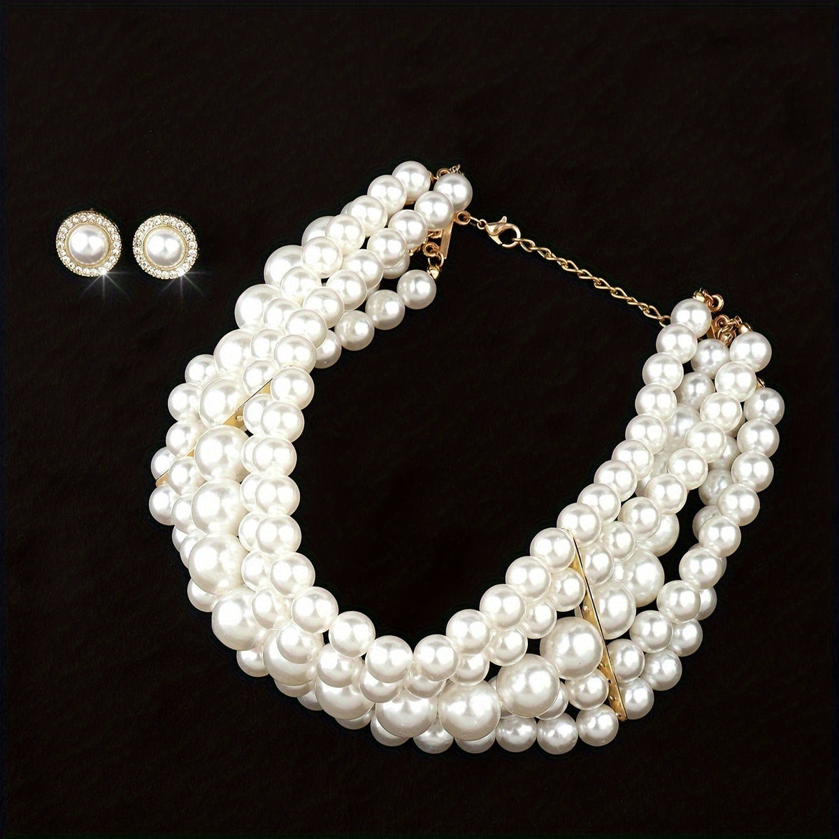 Parure de bijoux pour femme style français comprenant un collier multi-rangs à perles et des boucles d'oreilles géométriques rondes, ton doré, élégant pour banquet ou mariage