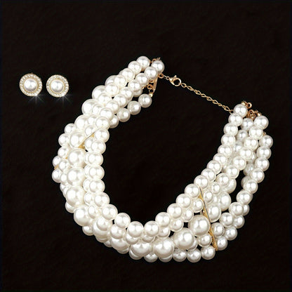 Parure de bijoux pour femme style français comprenant un collier multi-rangs à perles et des boucles d'oreilles géométriques rondes, ton doré, élégant pour banquet ou mariage