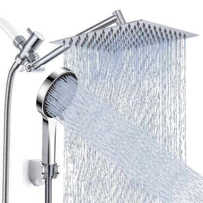 Combiné douche de tête haute pression et douchette à main, bras d'extension de 11 pouces, 9 réglages, anti-fuite, hauteur réglable, chrome noir mat