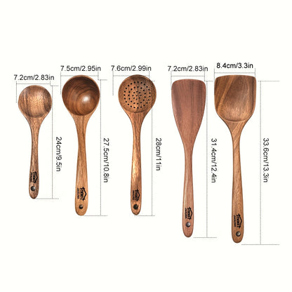 Ensemble d'ustensiles de cuisine en bois 3/5/7 pièces, cuillères, spatules, spurtle, louche et spatule à wok en bois naturel avec poignées ergonomiques, outils de cuisine robustes, résistants à la chaleur et sans danger pour les revêtements antiadhésifs