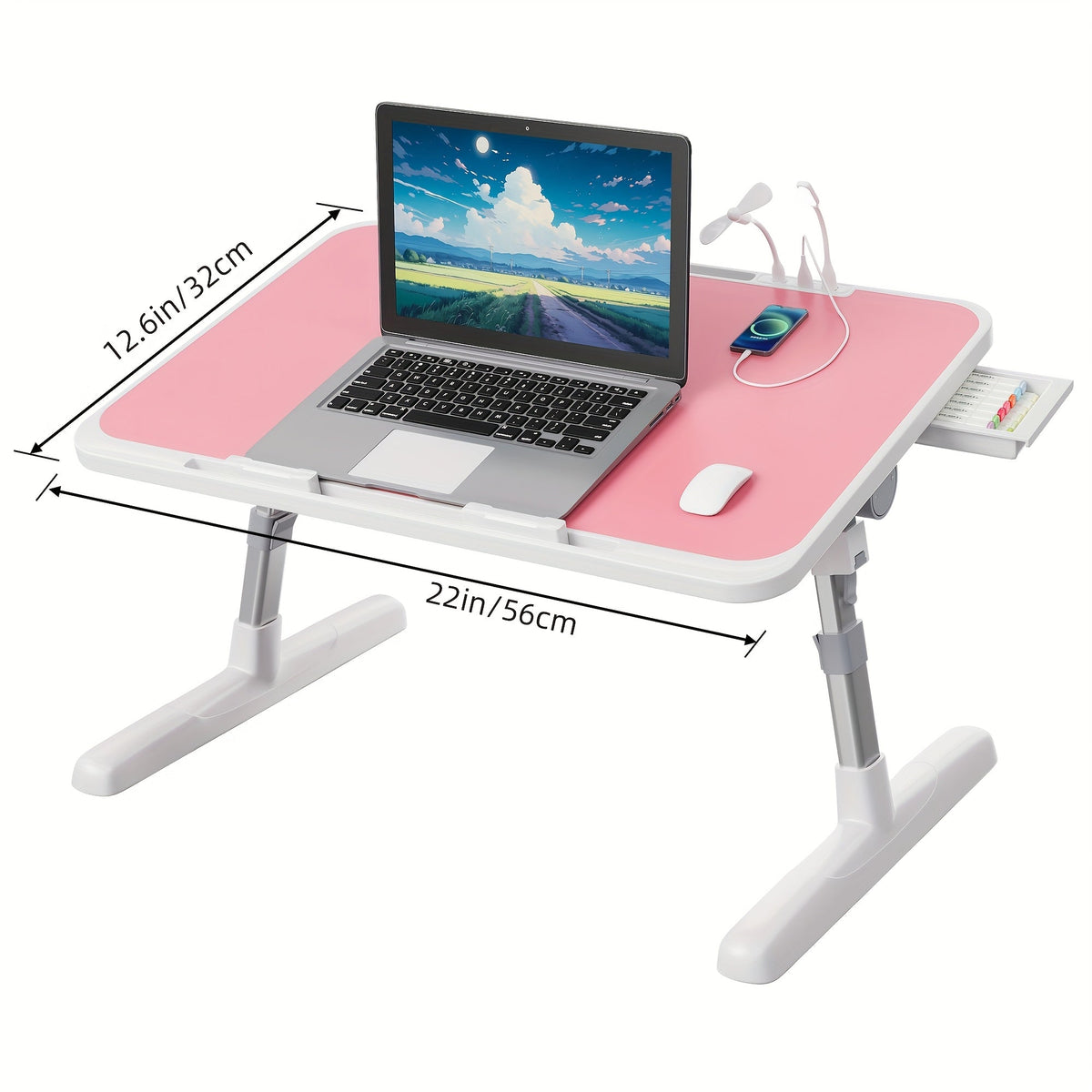 Plateau de lit pour ordinateur portable avec lampe USB, ventilateur et tiroir – Support d'ordinateur portable portable et réglable pour lit, canapé, bureau pour lire, écrire, manger, 10 couleurs et tailles