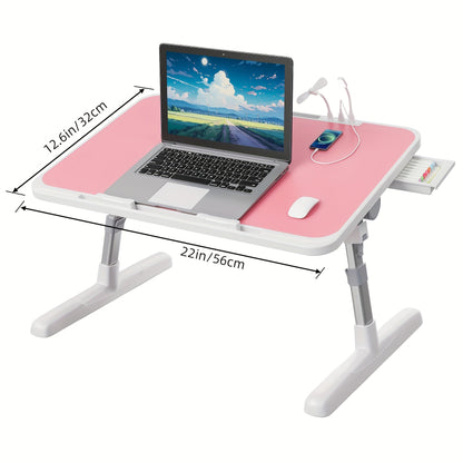 Plateau de lit pour ordinateur portable avec lampe USB, ventilateur et tiroir – Support d'ordinateur portable portable et réglable pour lit, canapé, bureau pour lire, écrire, manger, 10 couleurs et tailles