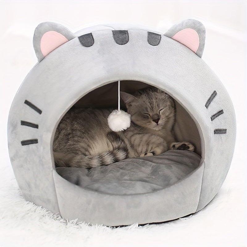 Niche pour chat, lit douillet et chaud pour chaton avec coussin amovible et lavable, design mignon avec oreilles de chat, tente semi-fermée pour chats d'intérieur et chatons – Lit de couchage en peluche douce antidérapant pour animaux