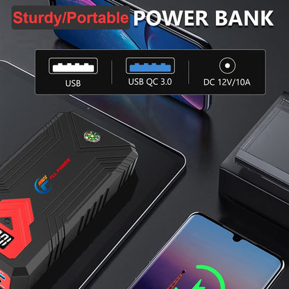 Démarreur de batterie portable pour voiture 1600A–3000A 12V – Booster d'urgence compact pour moteurs essence et diesel avec ports de charge USB et lampe de poche LED