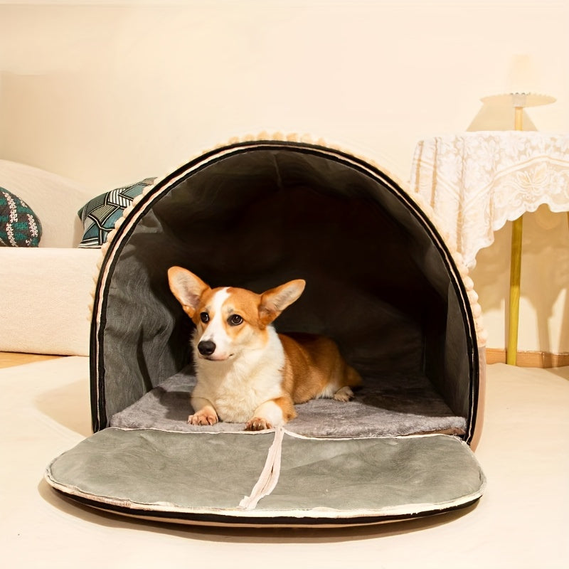 Niche pour chien pliable 2-en-1 toutes saisons – Maison pour animaux entièrement fermée avec poignée, nid douillet, doux et antidérapant, lavable pour chiens et chats de grande, moyenne et petite taille – Bavoir offert – Velora
