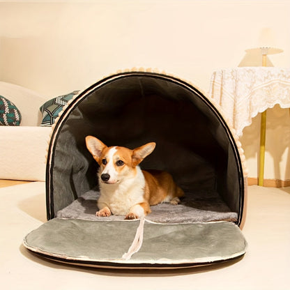 Niche pour chien pliable 2-en-1 toutes saisons – Maison pour animaux entièrement fermée avec poignée, nid douillet, doux et antidérapant, lavable pour chiens et chats de grande, moyenne et petite taille – Bavoir offert – Velora