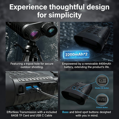 Jumelles de vision nocturne 4K pour adultes, appareil photo 48 MP, écran 3,1 pouces, batterie rechargeable 4400 mAh, réglage IR à 7 niveaux, vision dans l'obscurité totale, vidéo 4K, carte 64 Go pour la chasse, la sécurité et le camping, 25 mm 50 mm