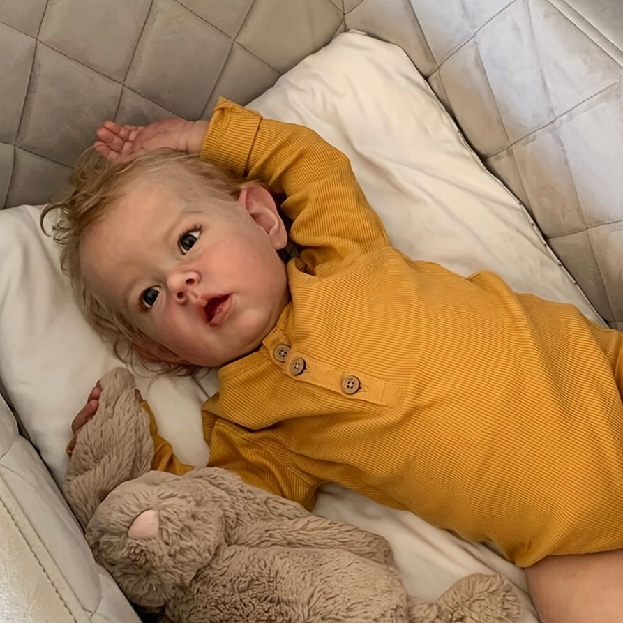 Poupée reborn de 70 cm, réaliste, corps en tissu et vinyle souple, faite à la main, nouveau-né fille avec cheveux implantés, biberon et tétine - BZDOLL Liam, poupée d'artiste pour enfant, cheveux blonds, cadeau