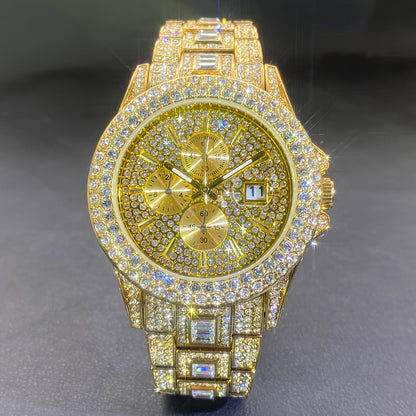 Montre à quartz de luxe avec strass pour hommes et femmes – Montre hip-hop étanche avec date automatique en or et argent, cadran en zircon cubique scintillant, parfaite pour les fêtes et le quotidien