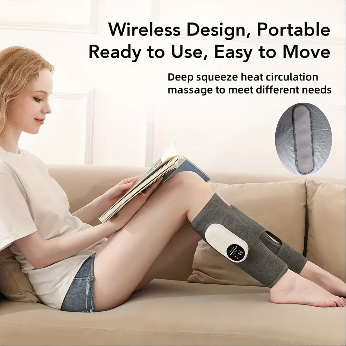 Masseur de jambes à compression d'air sans fil, 3 intensités, soulagement pour mollets, cuisses, pieds et genoux, appareil rechargeable et portable pour la maison, le bureau et les voyages, gris noir