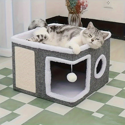 Maison à étages pour chat avec lit à 2 niveaux, tunnel de jeu, griffoir pliable et tapis douillet – Condo d'intérieur pour chat toutes saisons avec balle suspendue en peluche, cadre en nylon et toile, design pliable