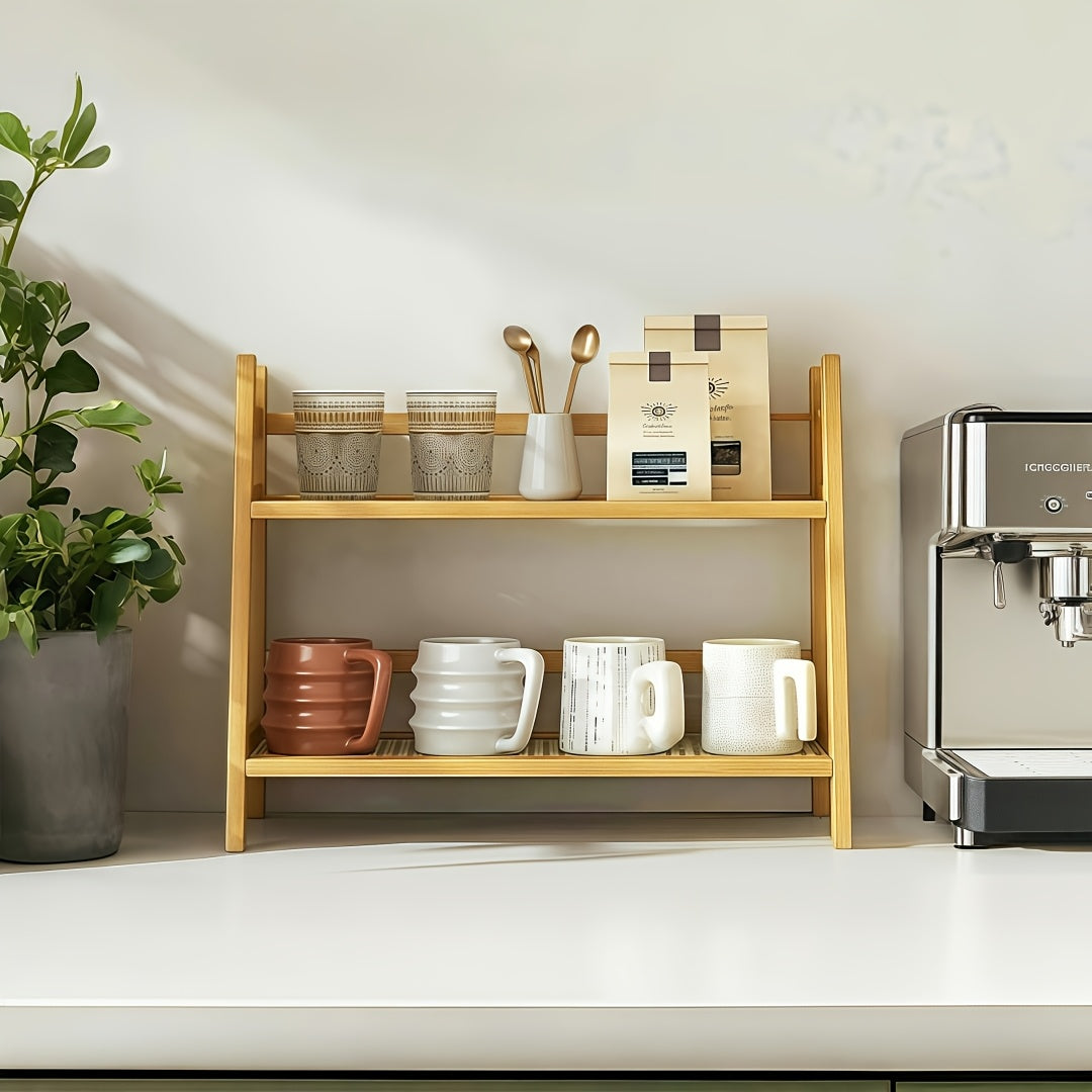 Étagère de comptoir en bois à 2 niveaux, design trapézoïdal vintage, organisateur de bureau en bambou pour cuisine, bureau, chambre, étagère de comptoir gain de place pour tasses à café, livres, décoration – Lot de 1 ou 2, grand et moyen