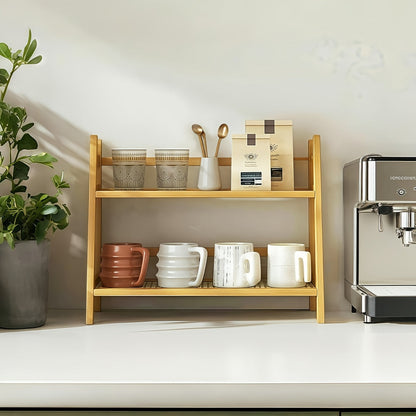 Étagère de comptoir en bois à 2 niveaux, design trapézoïdal vintage, organisateur de bureau en bambou pour cuisine, bureau, chambre, étagère de comptoir gain de place pour tasses à café, livres, décoration – Lot de 1 ou 2, grand et moyen