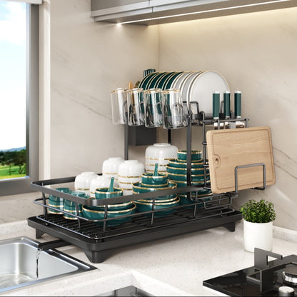 Égouttoir à vaisselle en métal à 2 niveaux avec porte-couverts, porte-gobelets et plateau d'égouttage antirouille – Égouttoir compact pour plan de travail de cuisine, égouttoir en acier durable pour tous types de surfaces