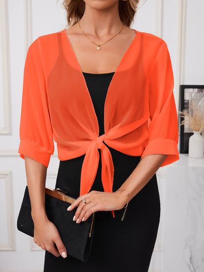 Chemisier femme à col en V avec nouage à l'avant – Veste chemise tissée légère et semi-transparente disponible en 14 coloris pour le printemps, l'été et l'automne