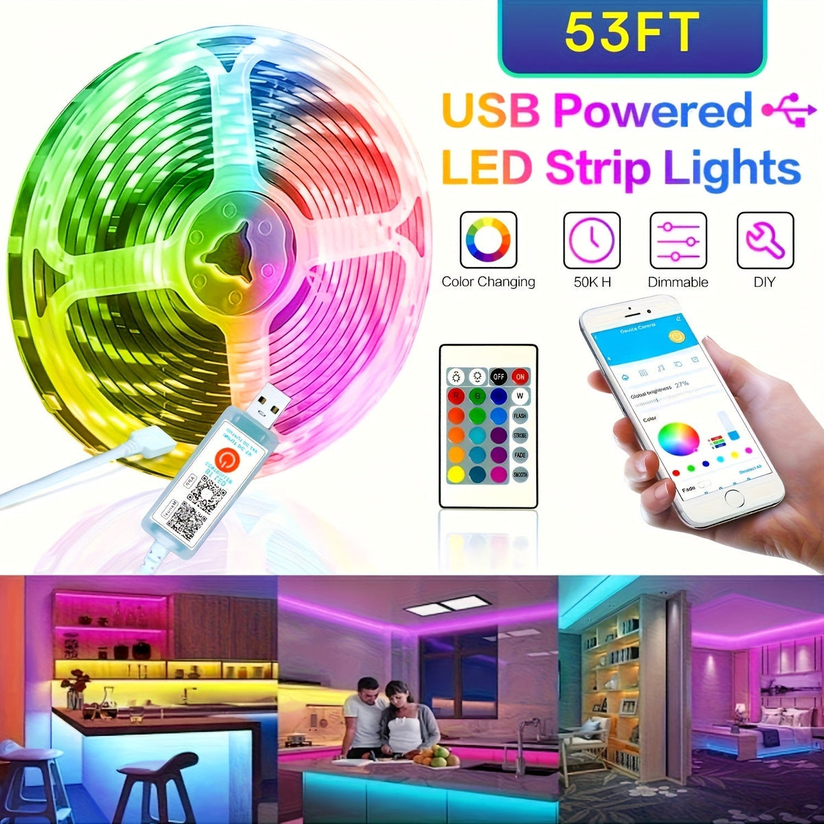 Ruban LED RVB avec télécommande via application, synchronisation musicale, intensité réglable, changement de couleur et minuterie – Éclairage LED intelligent pour la décoration de chambre, salon et salle de jeux, de 5 m à 60 m