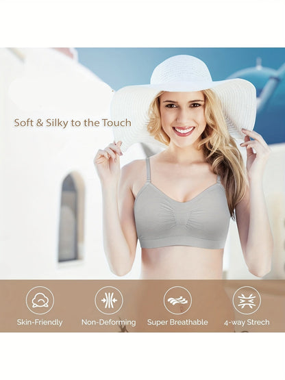 Lot de 4 brassières débardeurs à col en V avec coussinets – Soutien-gorge de sport sans armatures avec bretelles réglables pour femme, ensemble de brassières douces avec coussinets pour le quotidien, tailles S-XL, couleurs rouille, beige, vert, bleu