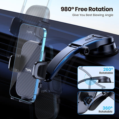 Support de téléphone pour voiture à fixation adhésive puissante, rotatif à 360° réglable verticalement et horizontalement, adhésifs de rechange inclus, compatibilité universelle pour iPhone 15 14 Samsung Galaxy Android, noir