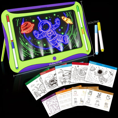 Tablette à dessin lumineuse LED pour enfants de 3 à 8 ans – Kit d’art phosphorescent avec 9 cartes recto-verso et 6 marqueurs, jouet éducatif de voyage, cadeau d'anniversaire et de Noël pour filles et garçons