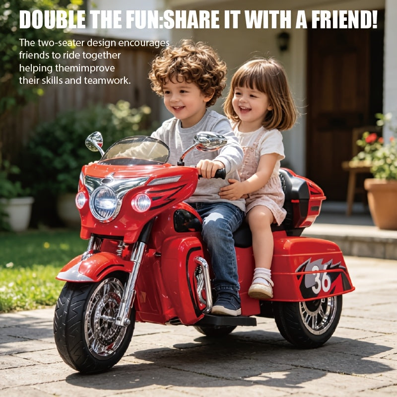 Moto électrique pour enfants 12V à 2 places avec 3 roues, Bluetooth, USB, lumières LED et coffre de rangement, sûre et durable, pour garçons et filles de 3 à 8 ans, cadeau d'anniversaire et de Noël, noir, blanc, rouge