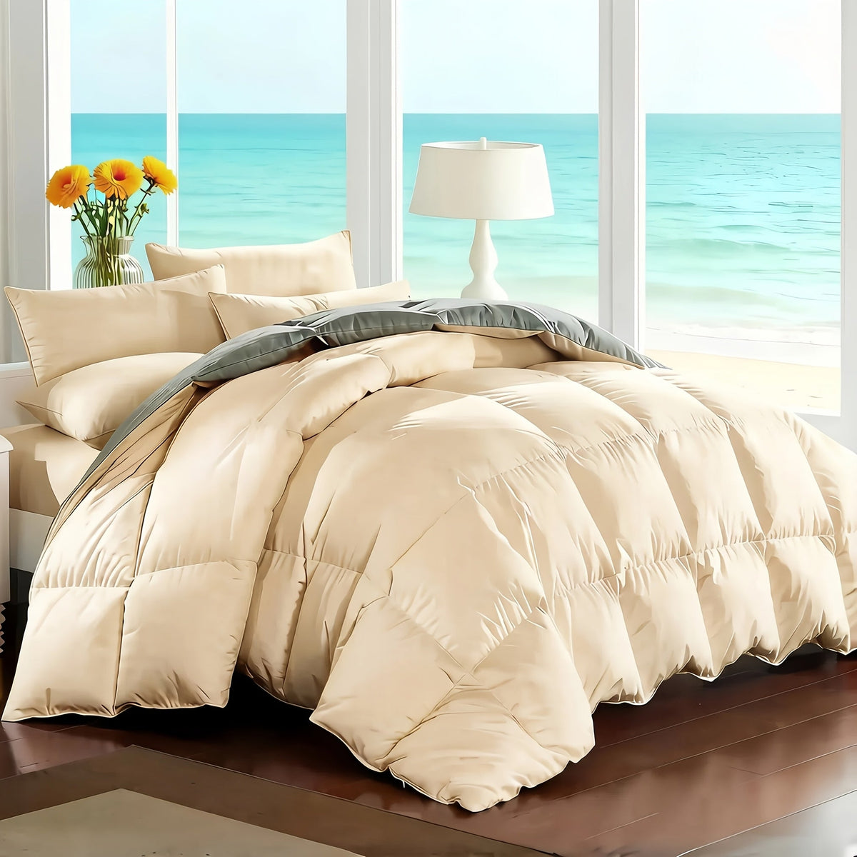 Ensemble de literie 7 pièces pour lit Queen/King – Parure de lit en microfibre douce à plis pincés, comprenant une couette, un drap-housse, un drap plat et 4 taies d'oreiller, ensemble de literie toutes saisons pour la maison et le dortoir
