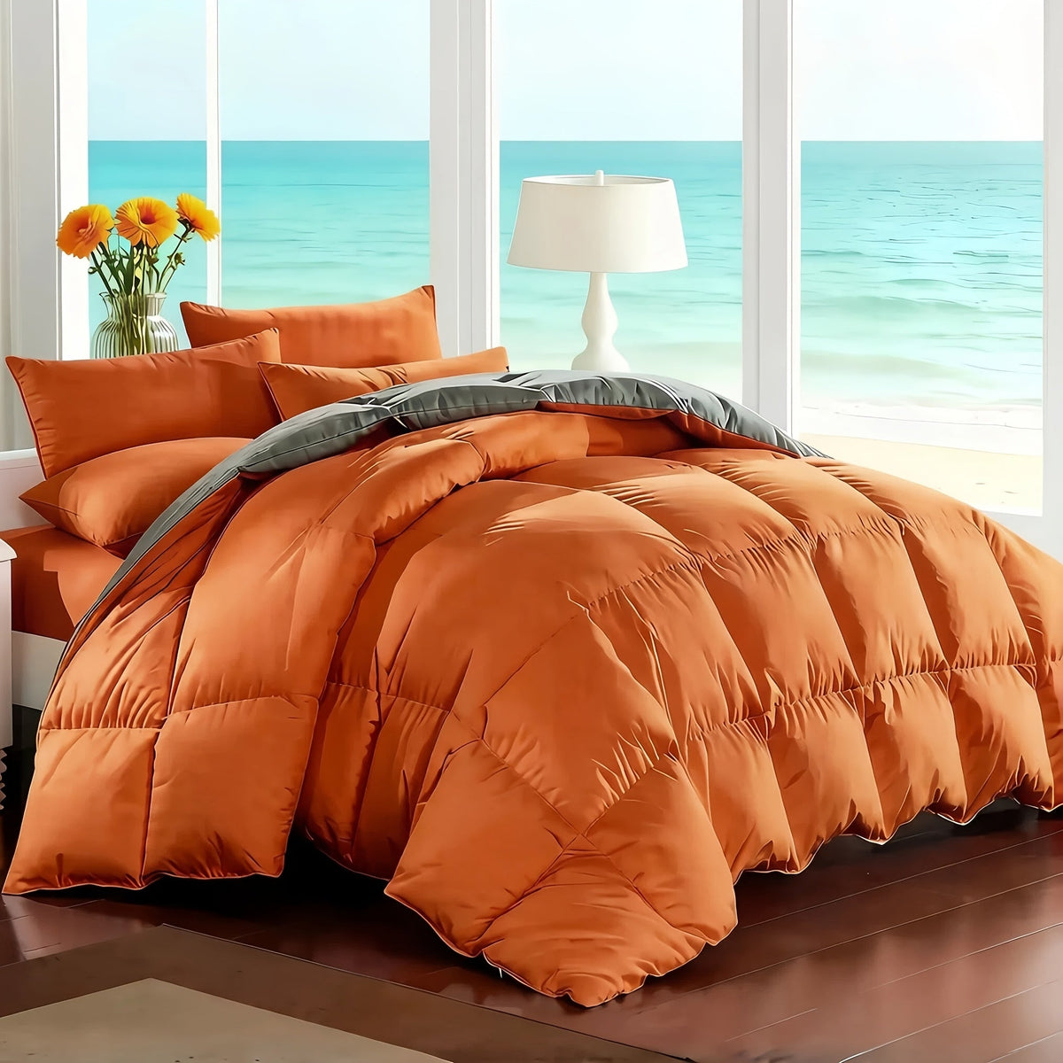 Ensemble de literie 7 pièces pour lit Queen/King – Parure de lit en microfibre douce à plis pincés, comprenant une couette, un drap-housse, un drap plat et 4 taies d'oreiller, ensemble de literie toutes saisons pour la maison et le dortoir