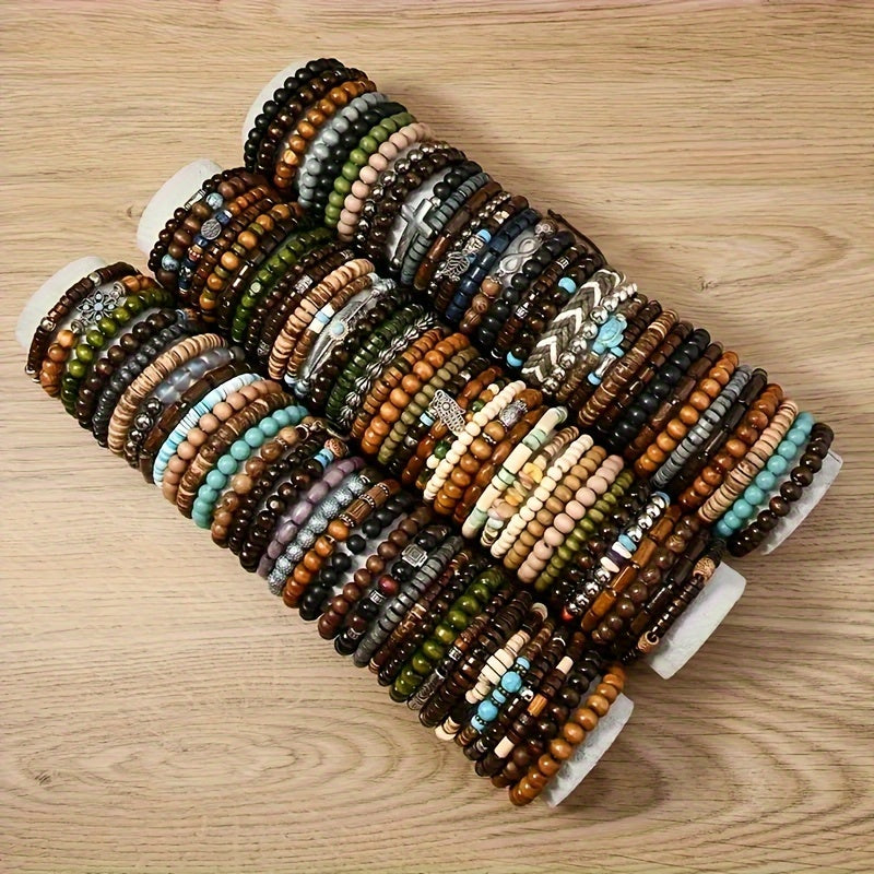Lot de 36 bracelets à perles en bois style bohème pour femmes et hommes – Faits main, style vintage avec breloques en alliage de zinc, lot de bijoux en gros pour cadeaux et fêtes