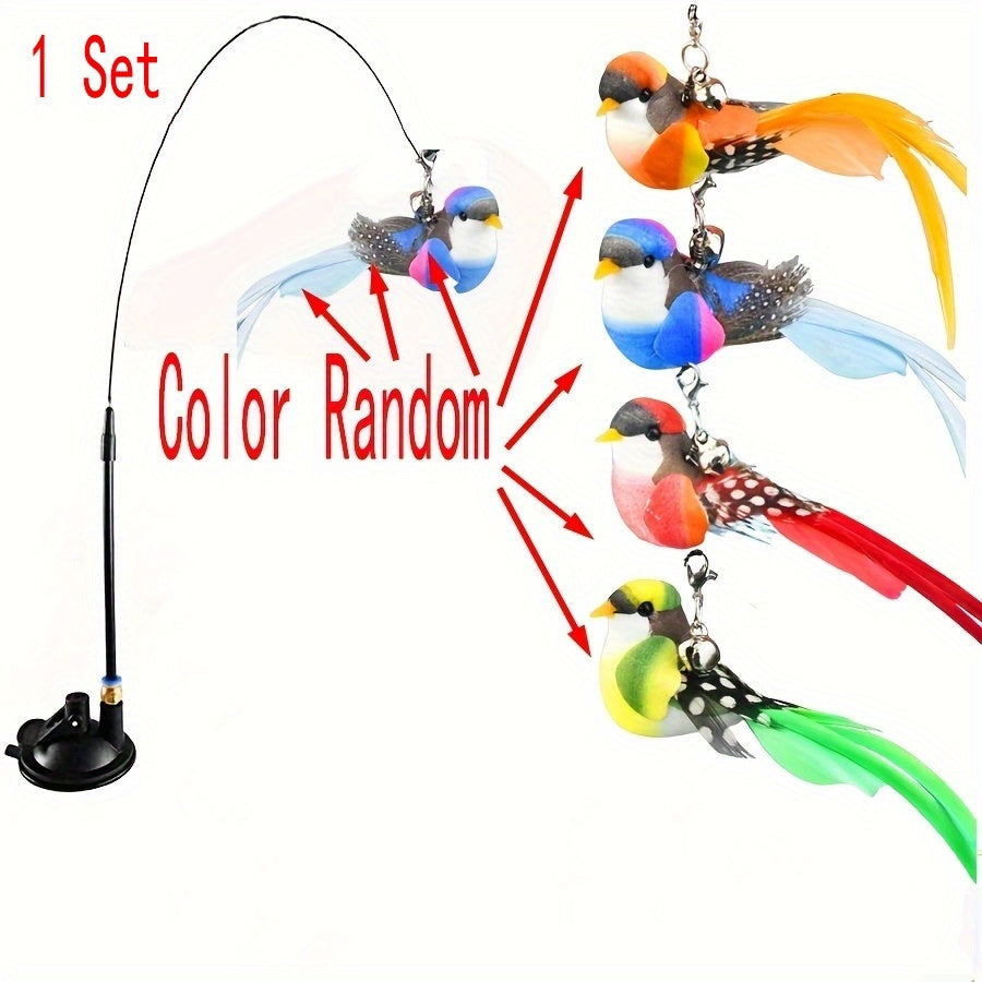 Jouet canne à pêche pour chat avec oiseau simulateur et base à ventouse - Ensemble interactif avec plumes et clochette pour l'exercice et le jeu en solitaire, sans pile, jouet d'intérieur pour chaton et chat