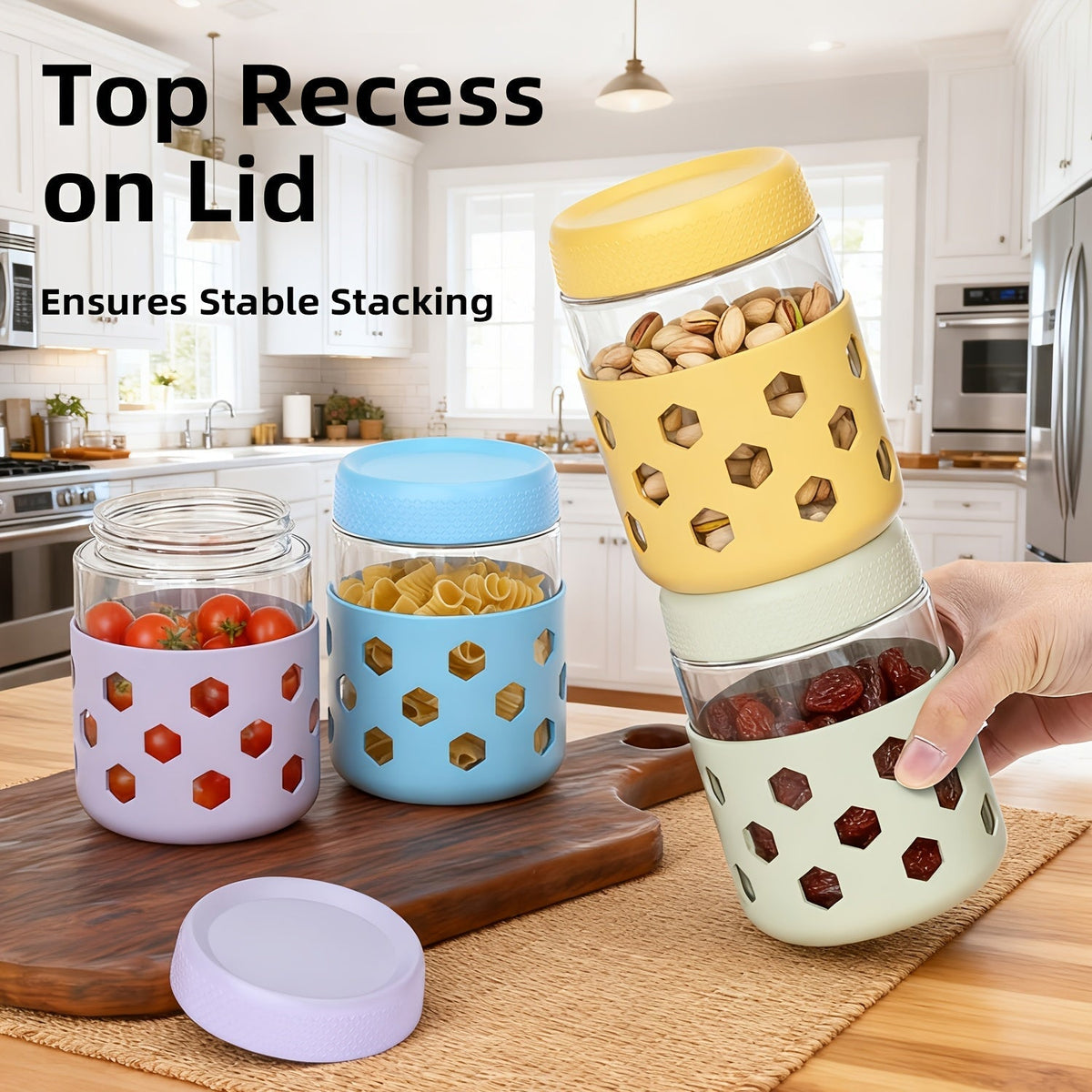 Lot de 6 bocaux en verre hermétiques de 475 ml avec gaines en silicone – Récipients de stockage alimentaire résistants à l'humidité pour thé, céréales, noix, snacks, épices et yaourts | Sans BPA