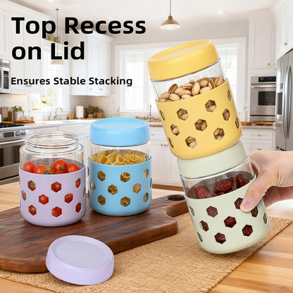 Lot de 6 bocaux en verre hermétiques de 475 ml avec gaines en silicone – Récipients de stockage alimentaire résistants à l'humidité pour thé, céréales, noix, snacks, épices et yaourts | Sans BPA