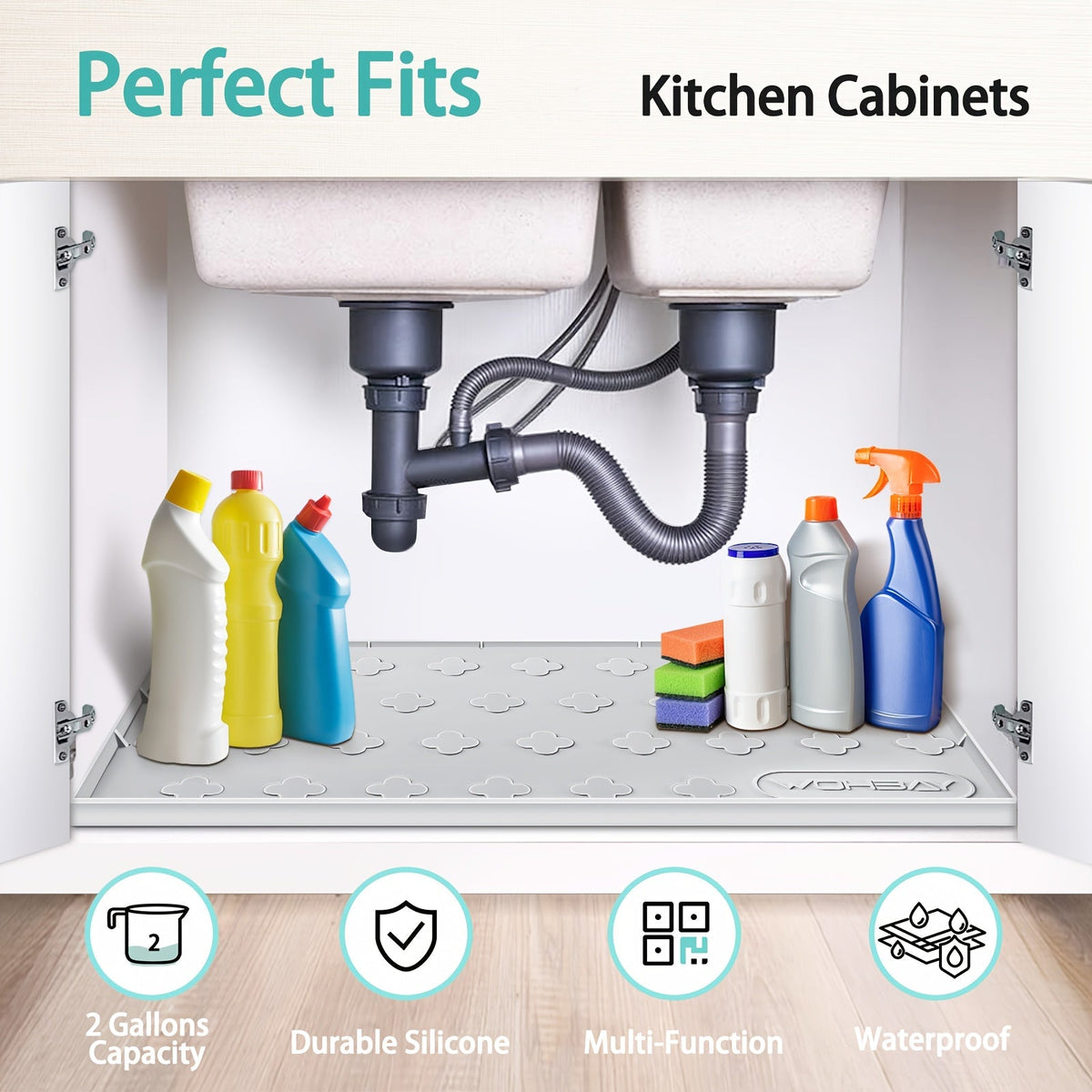 Tapis étanche en silicone pour sous-évier 86 x 56 cm, bac de rétention pour meuble de cuisine ou de salle de bain, capacité jusqu'à 7,5 litres, tapis de protection anti-fuite non toxique avec bords surélevés et motif trèfle à quatre feuilles