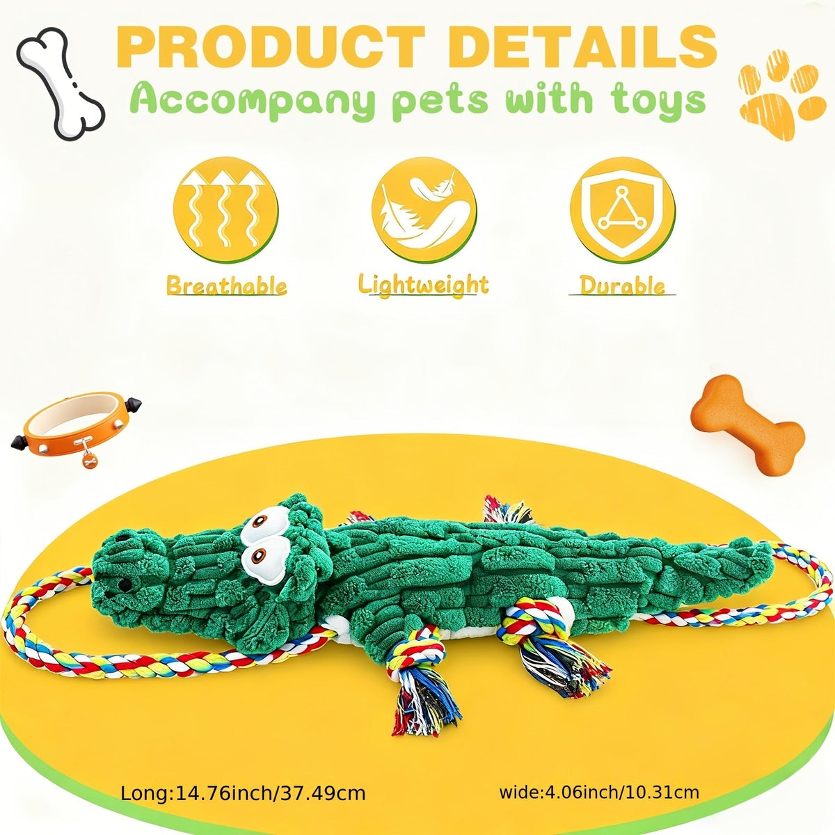 Jouet à mâcher pour chien en forme de crocodile avec couineur intégré – Corde en coton durable et jouet de traction en toile pour chiens de petite, moyenne et grande taille, nettoyage des dents, jeu interactif, adapté aux mâcheurs agressifs