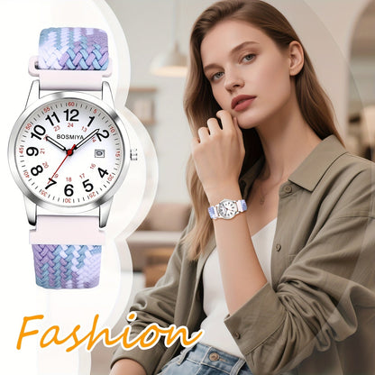Montre de sport à quartz analogique avec grand cadran à calendrier et bracelet en nylon tressé – Montre-bracelet ronde à lecture facile avec cadran 24 heures pour hommes et femmes, bracelet élastique réglable et souple, 4 styles