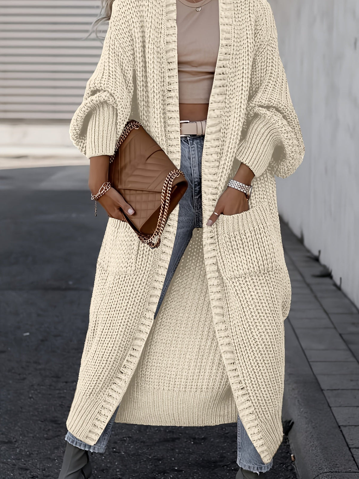 Cardigan long femme à épaules tombantes avec poches, manteau oversize uni à manches longues pour automne-hiver, tailles S M L XL XXL, gris noir abricot camel marine, manteau enveloppant confortable