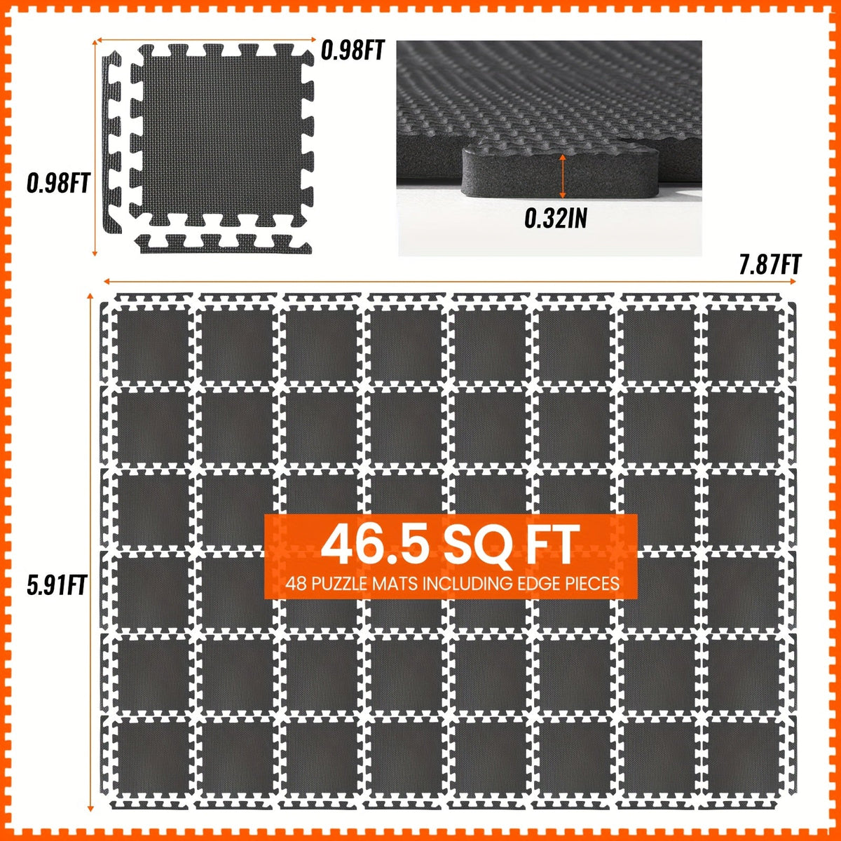 Tapis de sol emboîtables pour salle de sport, 36/48 pièces, dalles puzzle en mousse EVA, 30 x 30 cm, tapis d'exercice antidérapant pour salle de sport à domicile, garage, salle de jeux, fitness – Inclut des bordures, motif café et feuilles