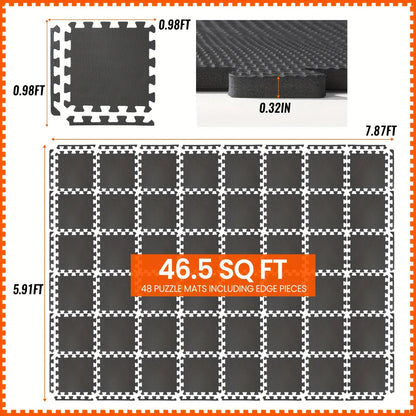 Tapis de sol emboîtables pour salle de sport, 36/48 pièces, dalles puzzle en mousse EVA, 30 x 30 cm, tapis d'exercice antidérapant pour salle de sport à domicile, garage, salle de jeux, fitness – Inclut des bordures, motif café et feuilles