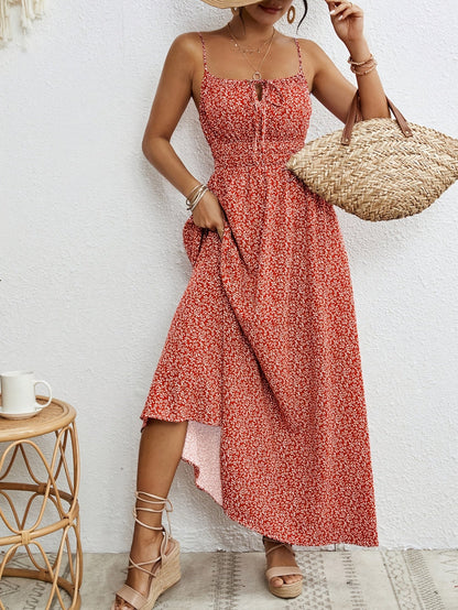 Robe d'été sans manches à fines bretelles pour femme, robe bohème à imprimé intégral avec détail noué, vert, bleu marine, jaune, rouge rose S M L XL XXL
