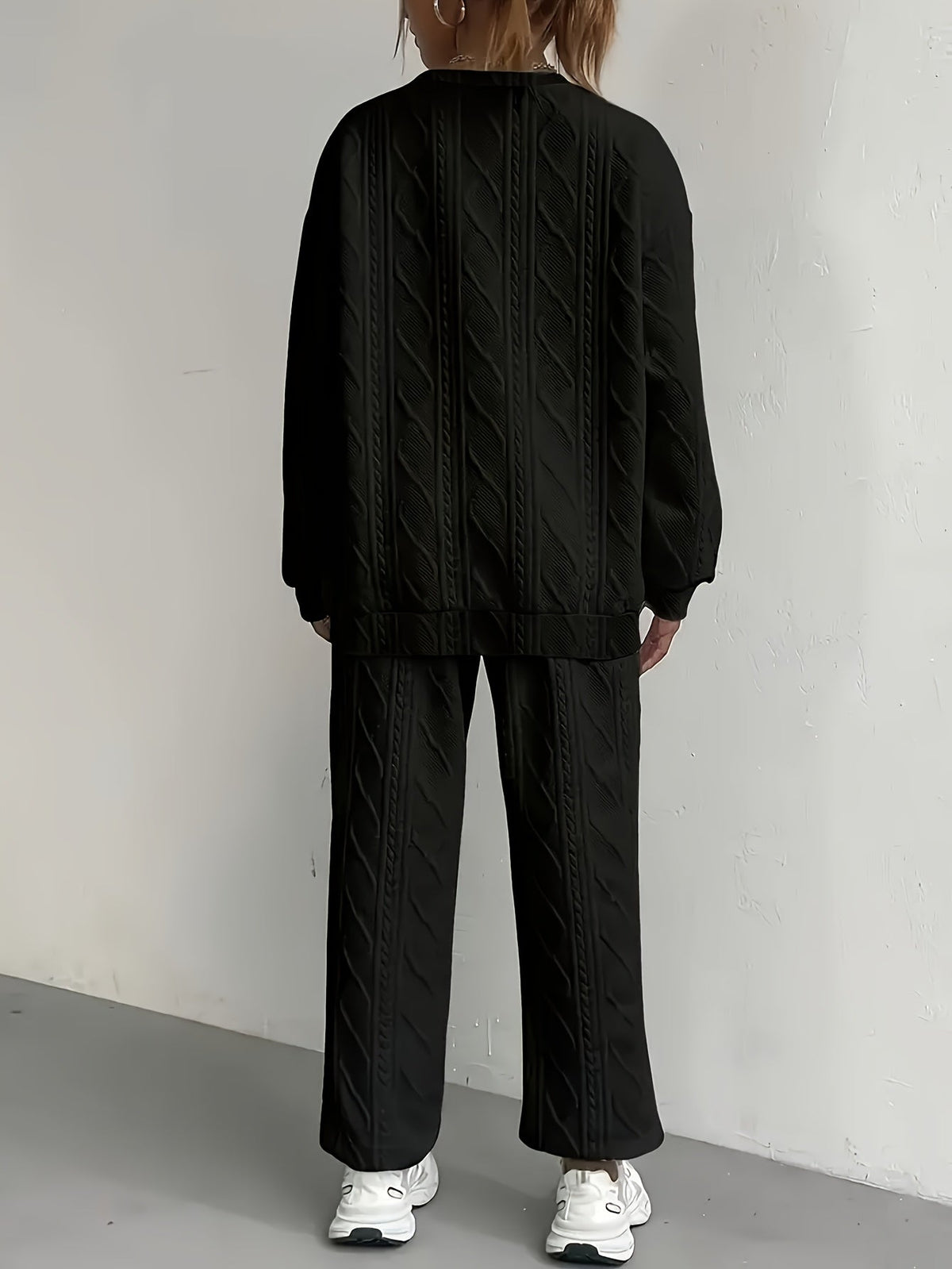 Ensemble survêtement 2 pièces pour femme – Haut à manches longues et col rond en jacquard texturé et pantalon de jogging, tenue de détente décontractée et respirante pour le printemps et l'été S-XXL
