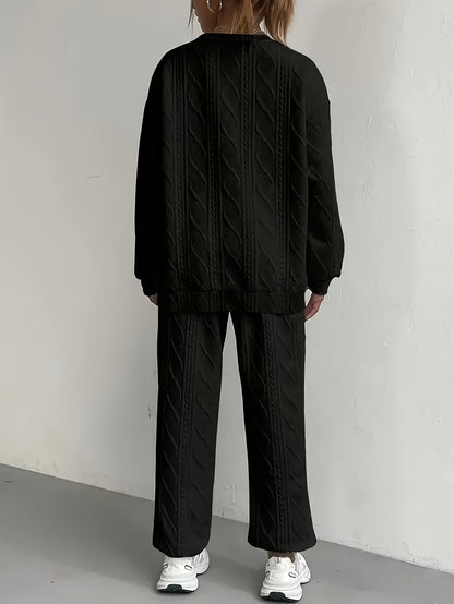 Ensemble survêtement 2 pièces pour femme – Haut à manches longues et col rond en jacquard texturé et pantalon de jogging, tenue de détente décontractée et respirante pour le printemps et l'été S-XXL