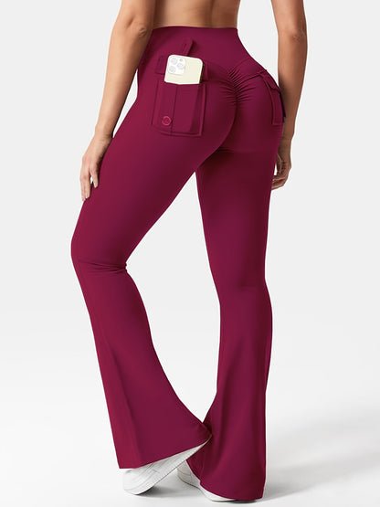 Ensemble 3 pièces pour femme : pantalon de yoga évasé à taille haute avec ceinture et poches, legging galbant effet push-up, squat-proof, 90 % polyester extensible, coupe évasée pour le sport, la gym, la course et le quotidien