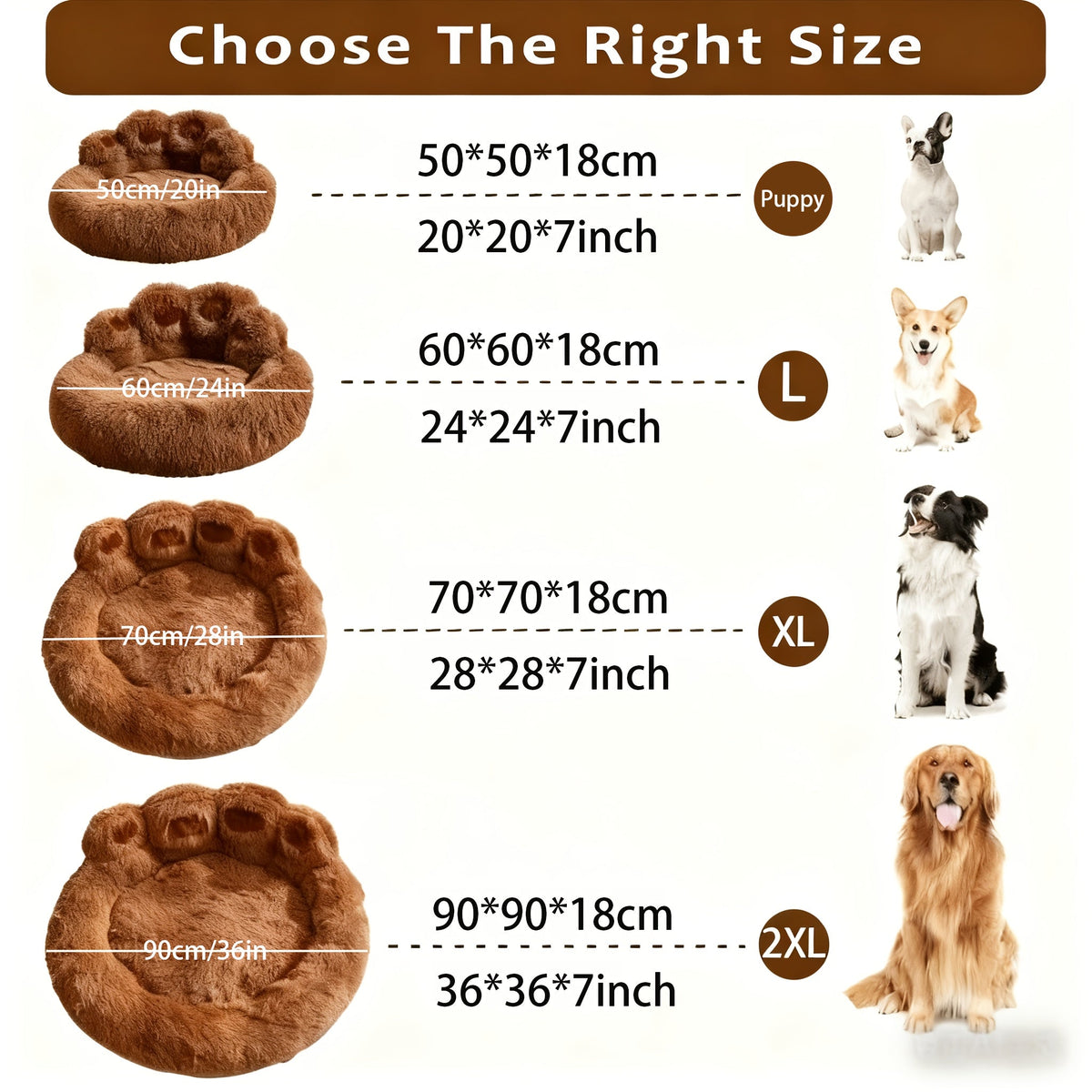 Panier rond pour chien et chat motif patte d’ours – Lit apaisant et doux pour animal de compagnie, antidérapant, chaud et confortable, petit, moyen, grand modèle, 50/60/70/90 cm, café/rose/gris
