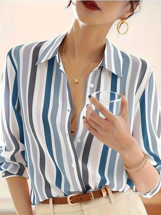 Chemise rayée décontractée boutonnée pour femme | Haut à manches longues à revers classique pour le printemps, l'été et l'automne | Chemisier élégant et tendance pour femme | Vêtement polyvalent pour le quotidien et le bureau