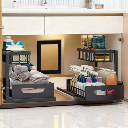 Organisateur sous évier à 2 niveaux, tiroir coulissant en métal pour rangement de cuisine, salle de bain ou plan de travail, accessoires de rangement et étagère.