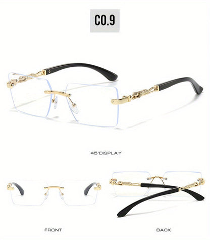 Lunettes de soleil unisexe de luxe sans monture avec branches léopard – Lunettes de mode rectangulaires étroites UV400 noir et or pour hommes et femmes, incluent étui de protection et chiffon de nettoyage pour la conduite, les voyages et les fêtes