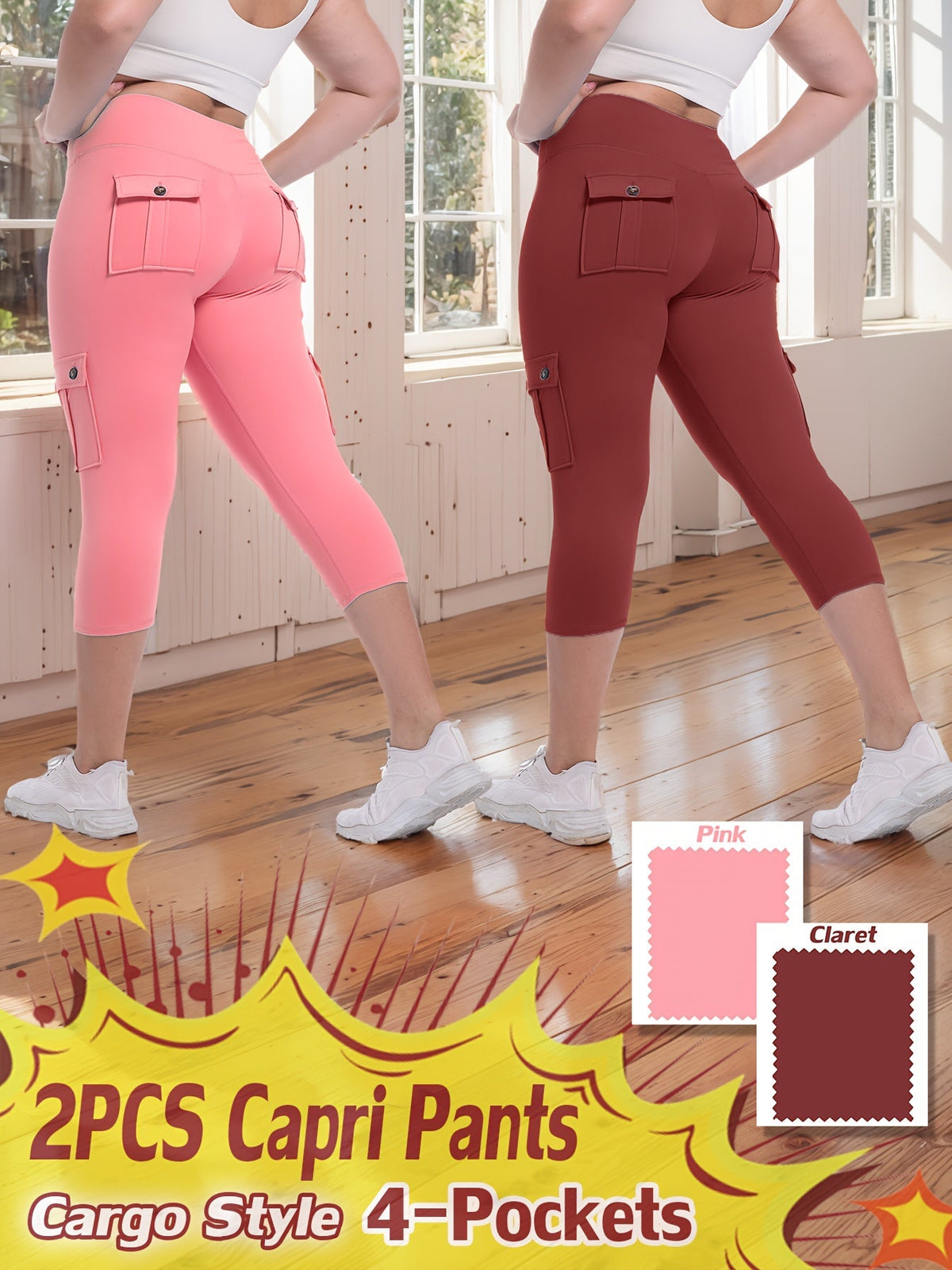 Pantalon de yoga Capri taille haute, lot de 2 – Legging en élasthanne extensible dans les 4 sens, gainant et galbant, avec 4 poches, pantacourt de sport pour femme, 9 ensembles de couleurs, tailles S à XXL