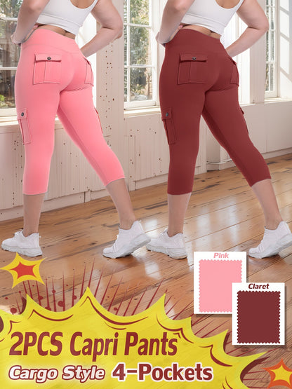 Pantalon de yoga Capri taille haute, lot de 2 – Legging en élasthanne extensible dans les 4 sens, gainant et galbant, avec 4 poches, pantacourt de sport pour femme, 9 ensembles de couleurs, tailles S à XXL