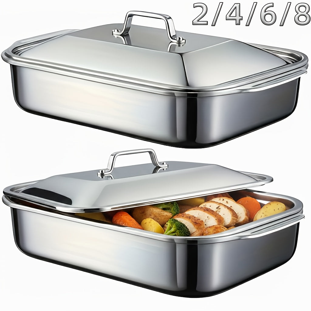 Ensemble de plats de cuisson en acier inoxydable avec couvercles – Grands plateaux de four rectangulaires antiadhésifs et robustes pour rôtir, pain, desserts, fruits de mer, barbecue et service buffet, options de lots de 2, 4, 6 ou 8
