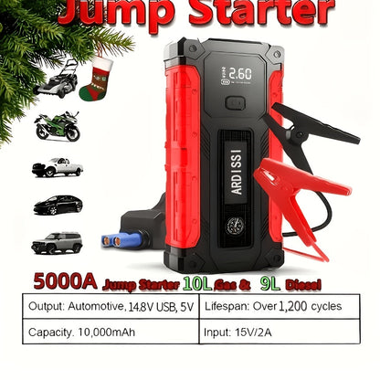 Démarreur de batterie portable 5000A avec compresseur d'air 150 PSI – Booster de batterie tout-en-un 10000mAh, port Type-C, lampe LED pour voitures essence et diesel 12V, camions, SUV et motos