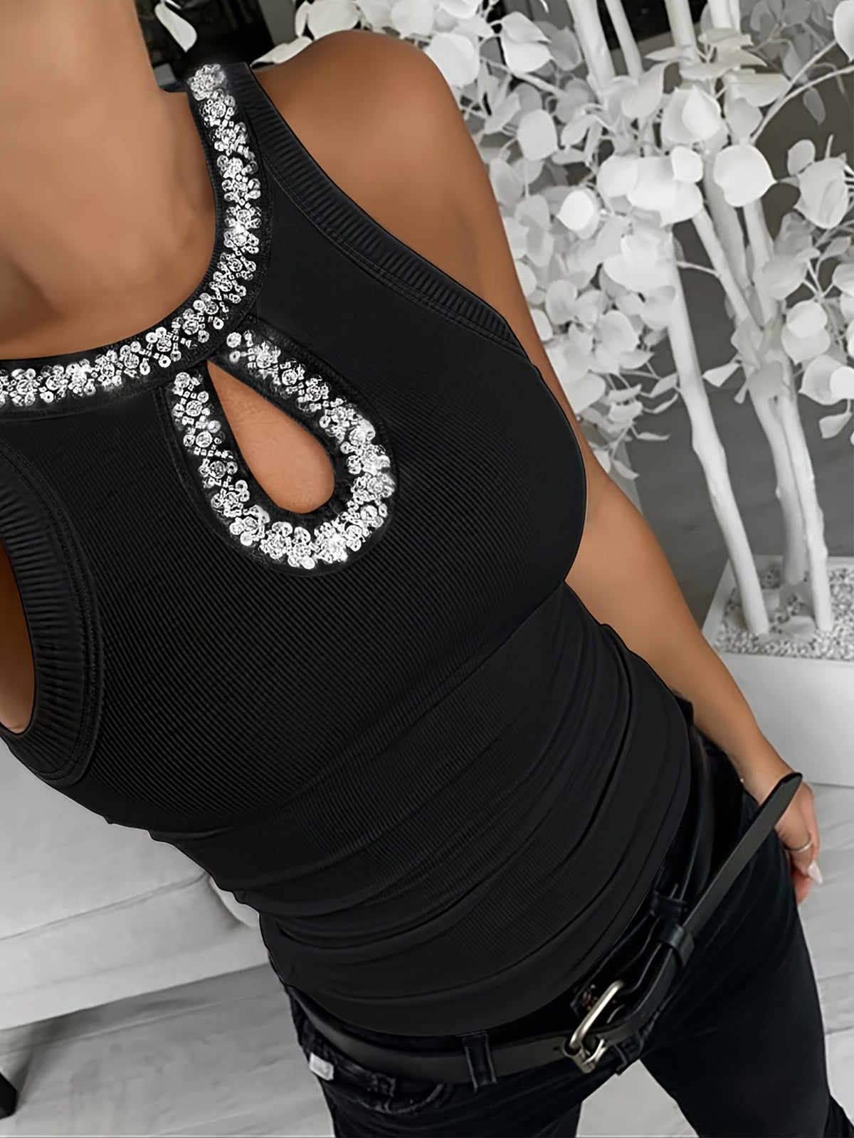 Chemisier sans manches à strass pour femme, col rond à perles, haut élégant et décontracté, extensible et hautement élastique, couleur unie, lavable en machine, S M L XL XXL, plusieurs coloris